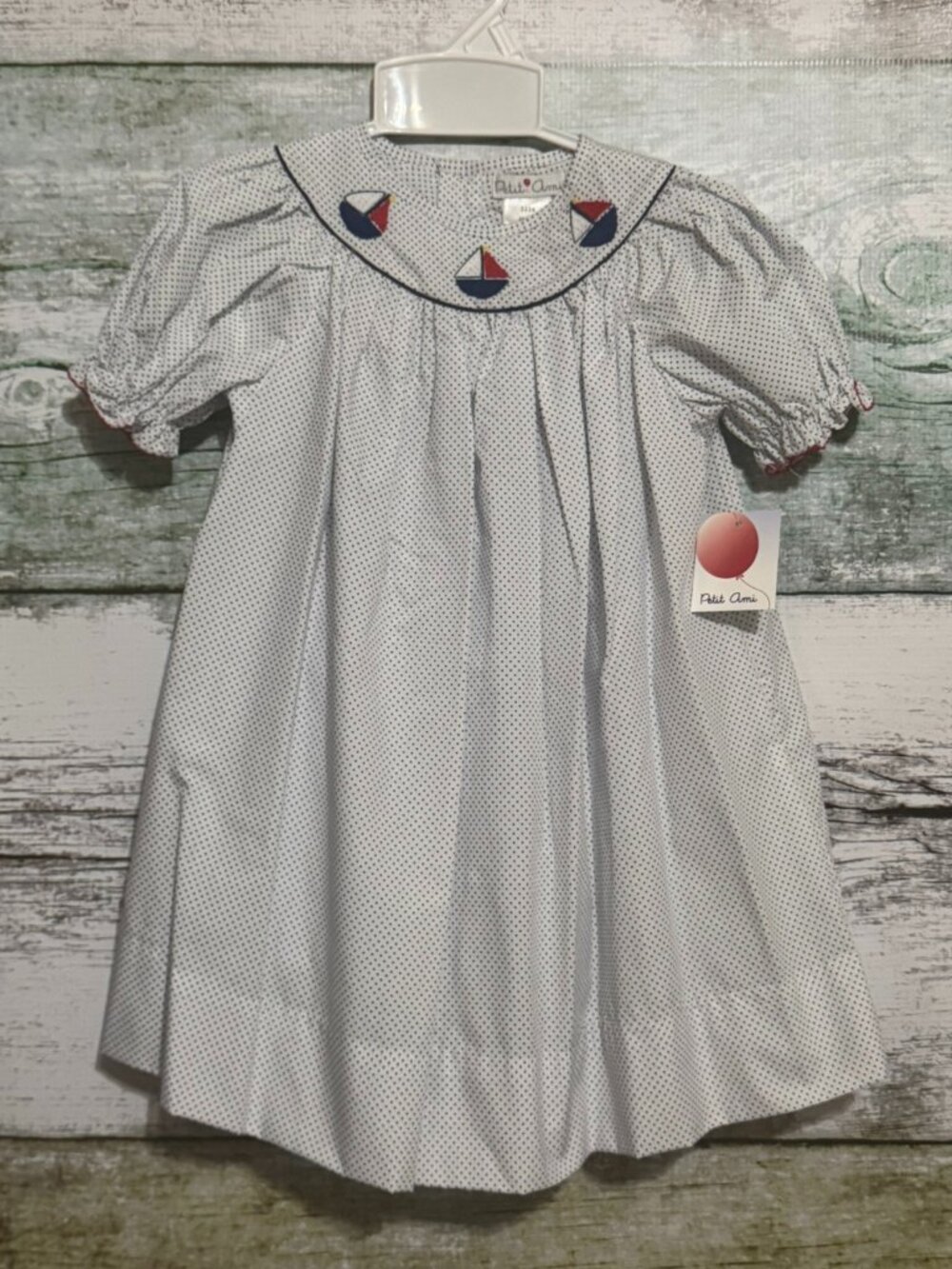 Petit Ami White Navy Dot Embroidered Sailboat Dress 24 Months